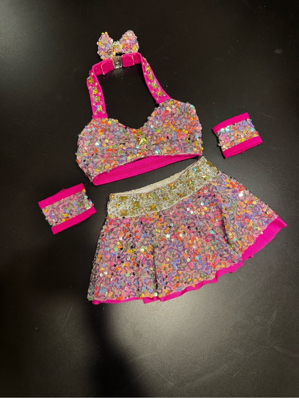 Pink Sequin Kids Dance Costume Set with Skirt and Wristbands